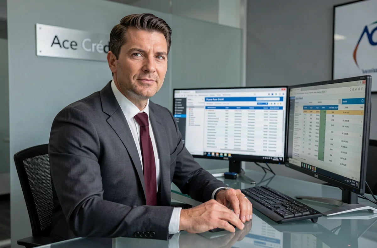 Un courtier d'Ace Crédit analyse des offres de prêt immobilier sur des écrans dans un bureau professionnel moderne