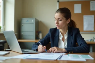 Administratrice scolaire consultant un calendrier de paie de l'éducation nationale à son bureau