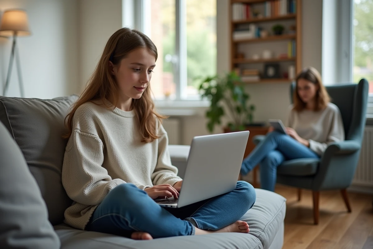Adolescente gérant son compte jeune sur ordinateur portable sous la supervision bienveillante de sa mère dans le salon