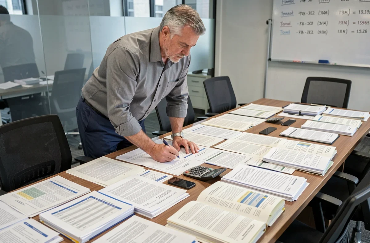 Comptable homme analysant des formulaires fiscaux et bilans sur une table de réunion professionnelle