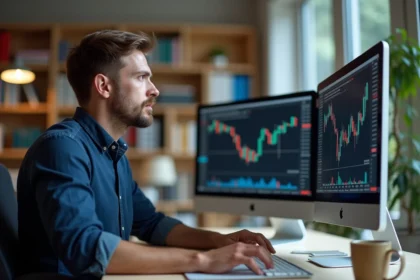 Homme analysant des forums financiers comme Boursorama sur un ordinateur pour estimer le prix de vente d'un bien