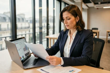 Femme cadre analysant des documents financiers liés aux SCPI européennes dans un bureau moderne à Paris