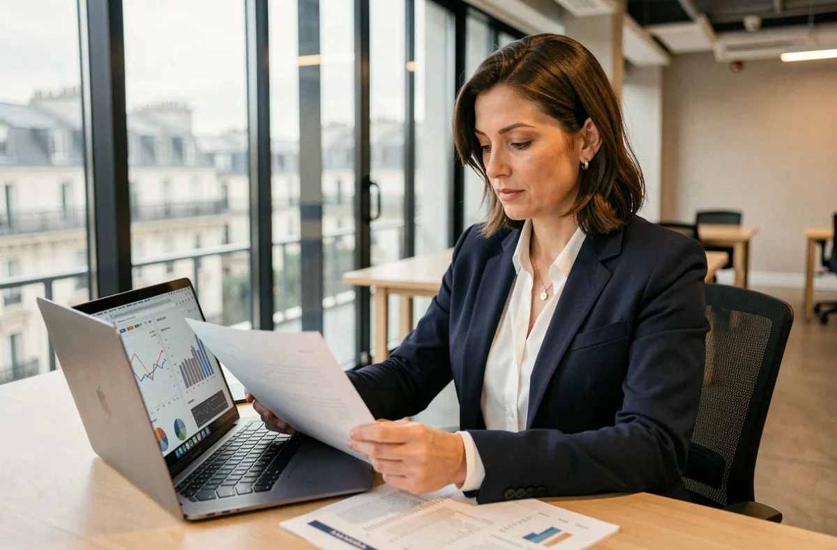 Femme cadre analysant des documents financiers liés aux SCPI européennes dans un bureau moderne à Paris