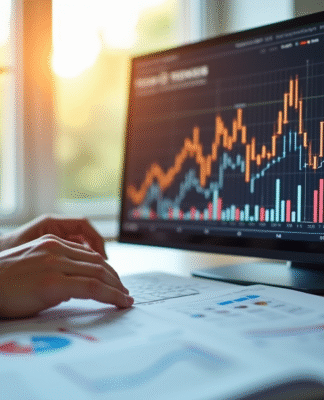 Analyste financier examinant des graphiques colorés et documents d'obligations