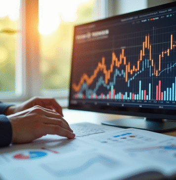 Analyste financier examinant des graphiques colorés et documents d'obligations