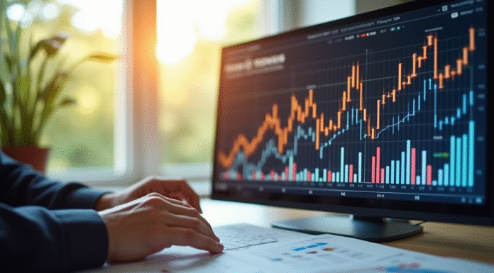 Analyste financier examinant des graphiques colorés et documents d'obligations