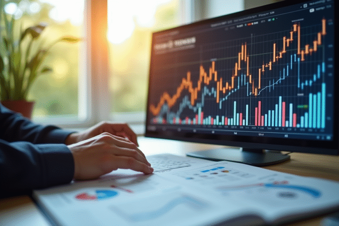 Analyste financier examinant des graphiques colorés et documents d'obligations