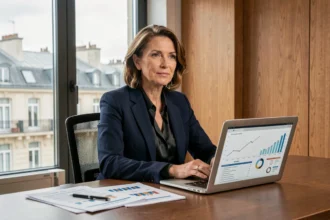 Femme journaliste professionnelle assise à un bureau parisien avec des documents financiers, évoquant la fortune et la carrière médiatique d'Apolline de Malherbe