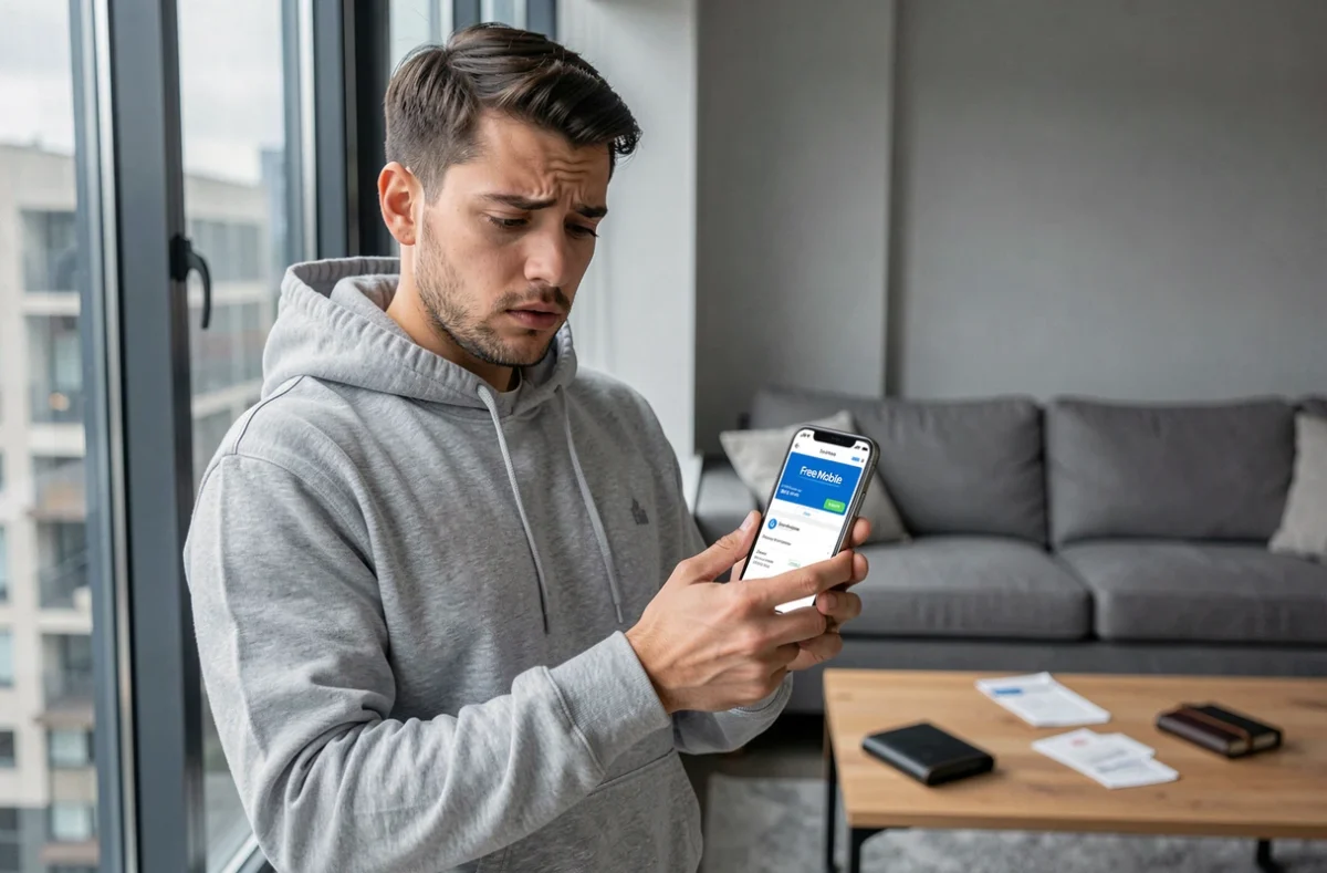 Jeune homme consultant l'application Free Mobile affichant un refus de paiement de facture