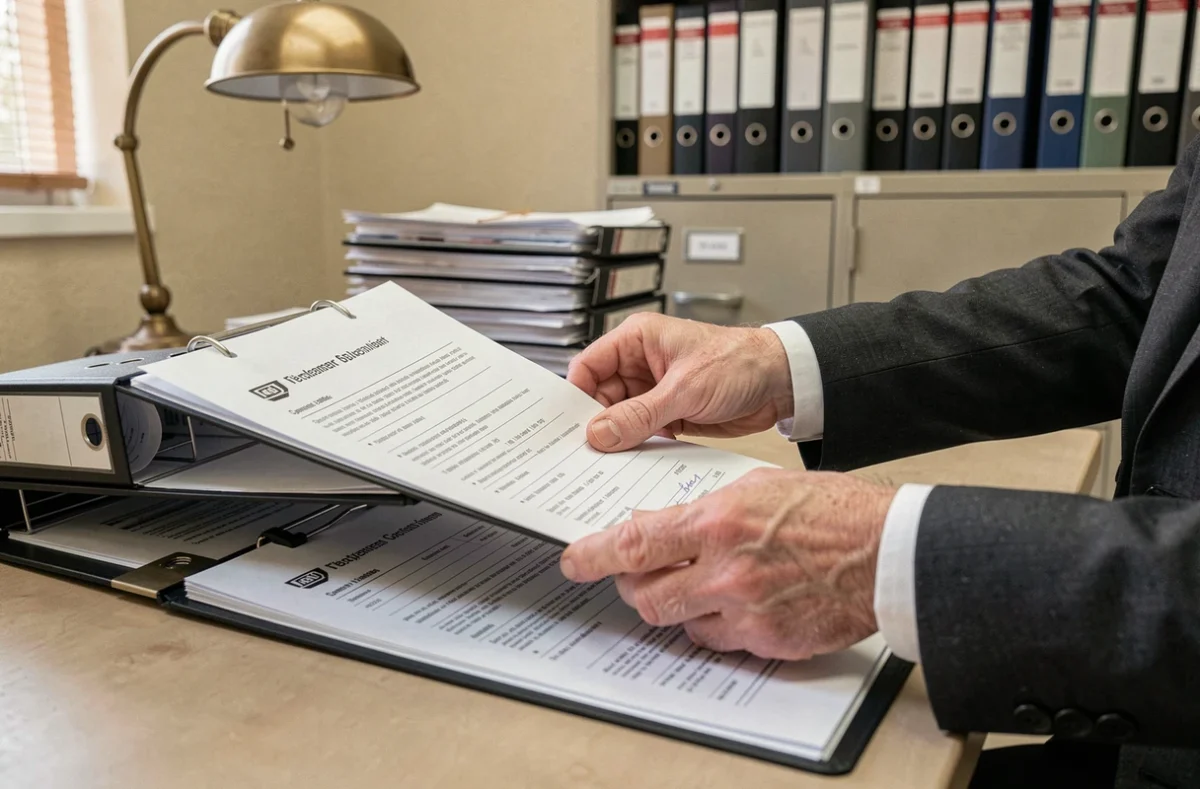 Mains d'un auditeur fiscal classant des documents de flotte automobile et des fiches TVS dans des classeurs d'archives