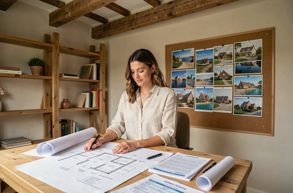 Une conseillère de L'Atelier du Crédit travaille sur un dossier de financement immobilier dans un espace de travail créatif et atypique