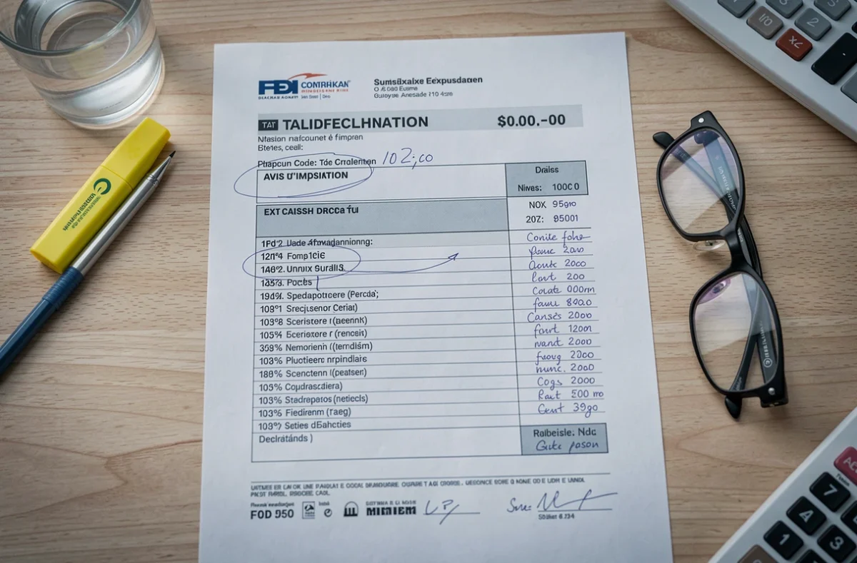 Gros plan sur un avis d'imposition français annoté avec les codes 2BH 2DH 2OP posé sur un bureau en bois