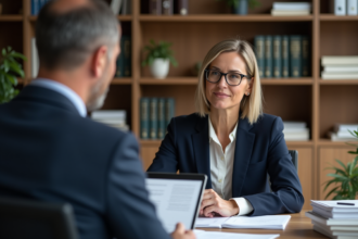Avocate en costume bleu conseille un client en droit