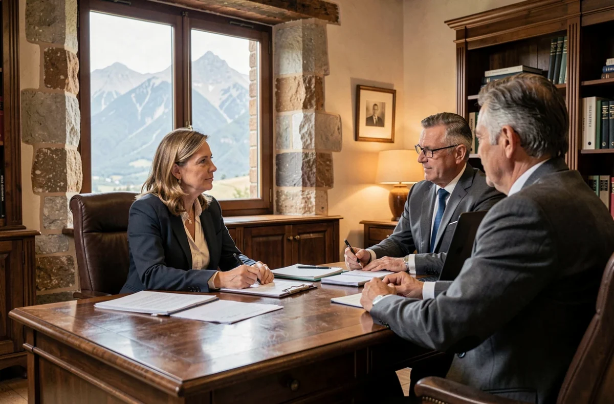 Expert-comptable de Pau en réunion avec un client local dans un cabinet comptable avec vue sur les Pyrénées en arrière-plan