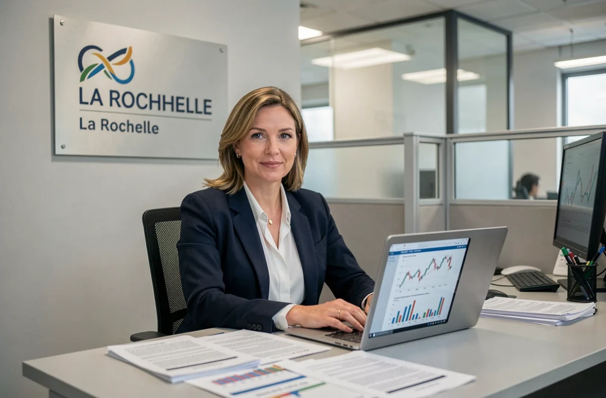 Une conseillère CAFPI La Rochelle présente des simulations de prêt immobilier à un client dans une agence moderne