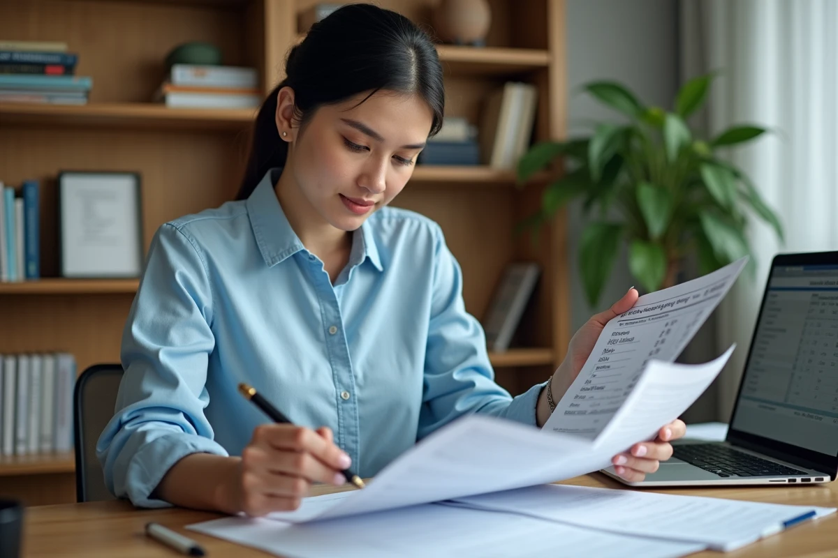 Femme analysant des fiches de paie et calculant son salaire brut en net à son bureau
