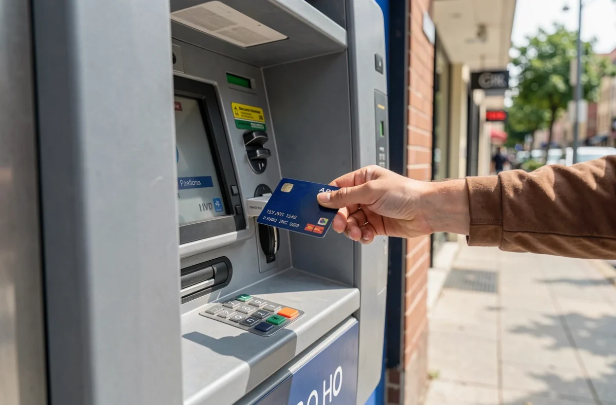 Carte bancaire insérée dans un distributeur de billets en extérieur