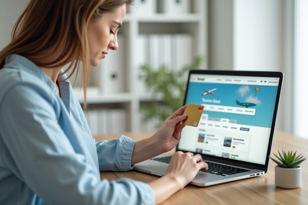 Femme tenant une carte bancaire virtuelle devant un ordinateur portable affichant un site de réservation de voyage