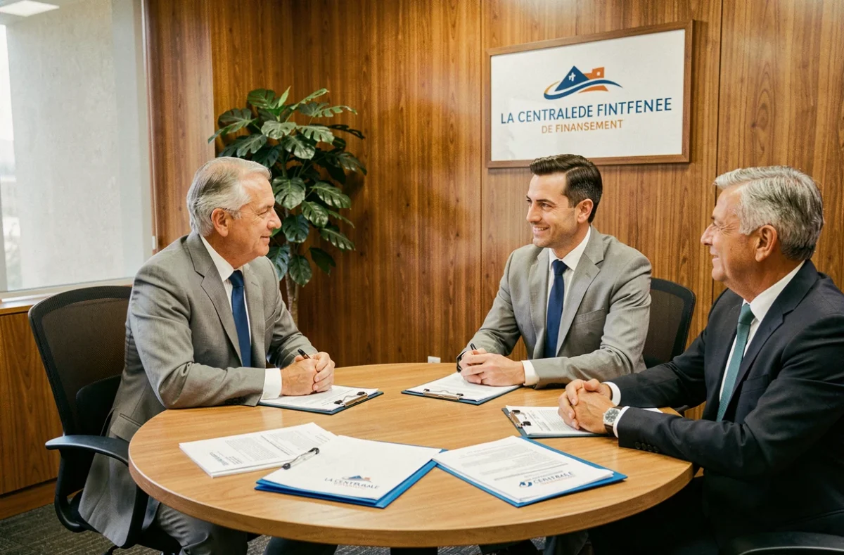 Un courtier de La Centrale de Financement accompagne un couple dans la signature d'un dossier de prêt immobilier