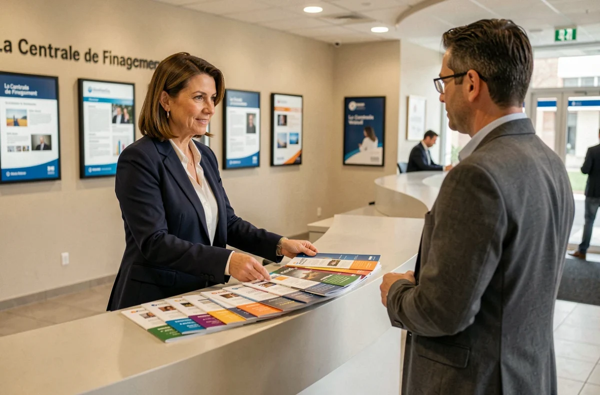 Courtière de La Centrale de Financement Vesoul présentant différentes gammes de crédit à un client
