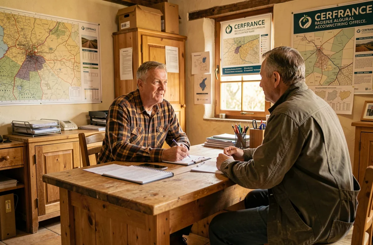 Expert-comptable CERFRANCE conseillant un agriculteur client dans un bureau régional de la Nouvelle-Aquitaine