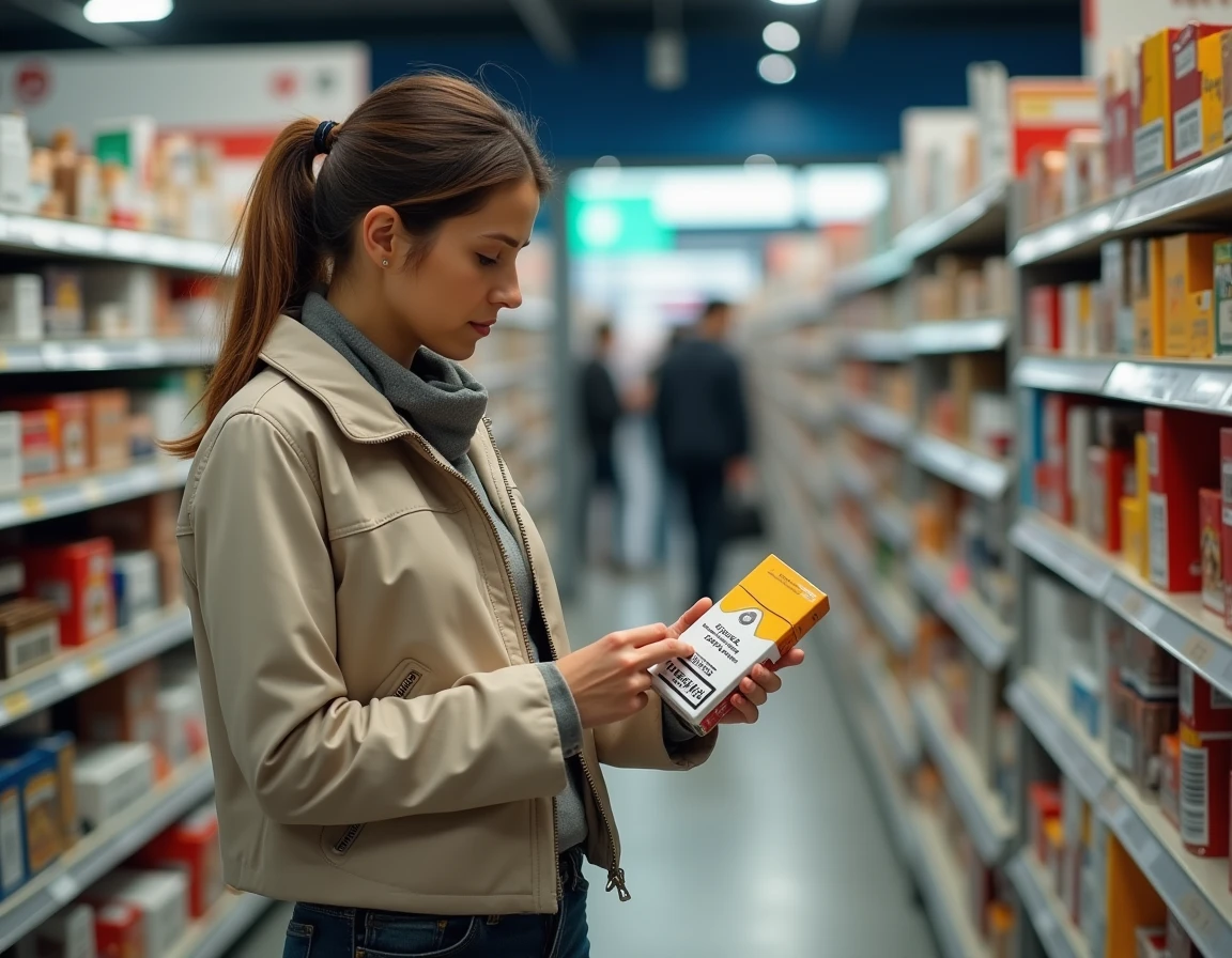 Femme examinant le prix d'une cartouche de cigarettes Philip Morris dans un magasin frontalier duty-free en 2026