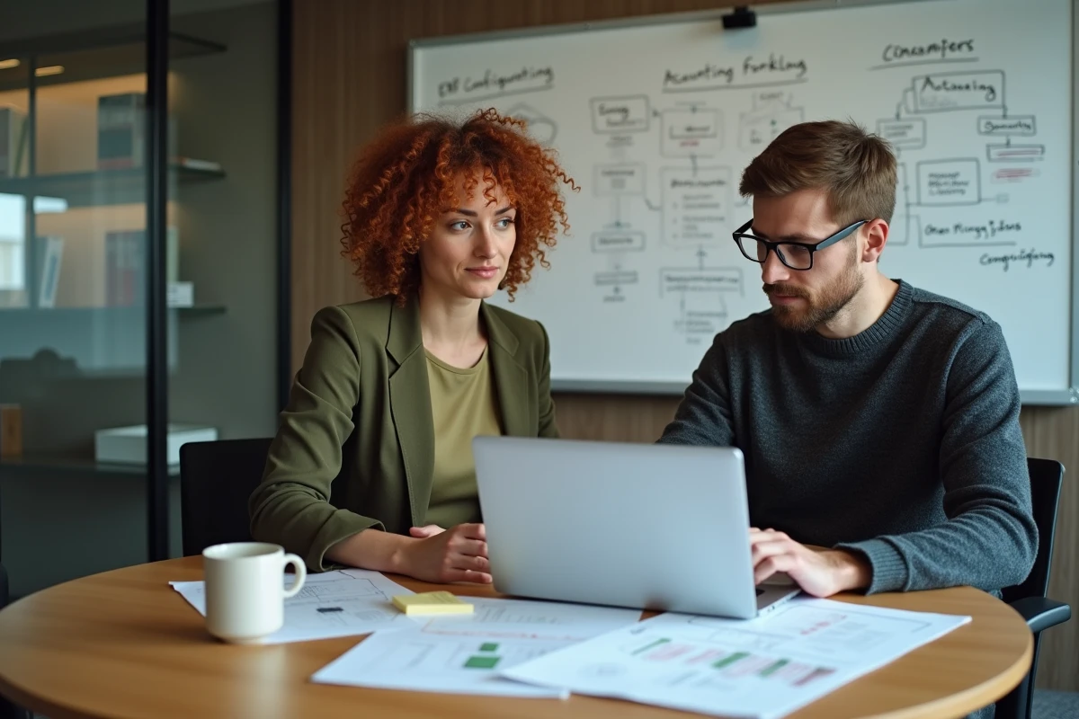 Deux collaborateurs analysant la configuration d'un ERP comptable pour éviter les litiges BFA en salle de réunion
