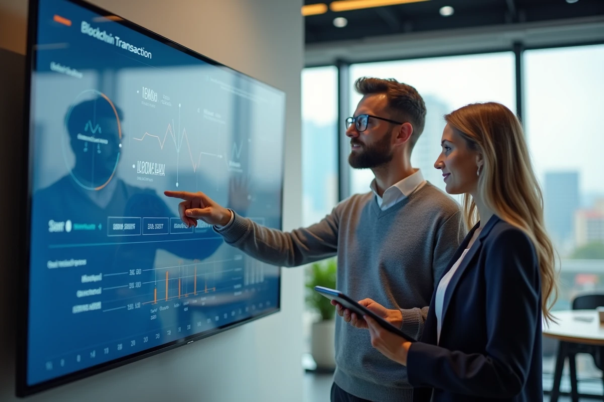 Deux collègues analysant ensemble un tableau de bord blockchain Robthecoins sur grand écran de bureau