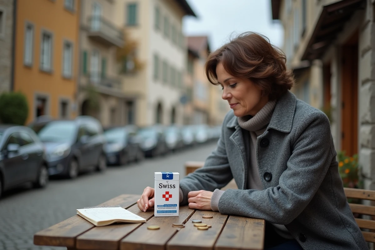Femme comparant le prix des cigarettes suisses et françaises sur une table de café en Suisse avec des euros et des notes manuscrites