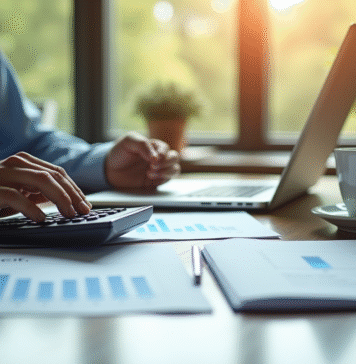Comptable analysant des états financiers dans un bureau lumineux