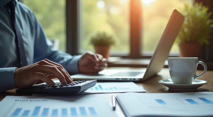 Comptable analysant des états financiers dans un bureau lumineux