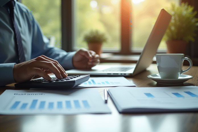 Comptable analysant des états financiers dans un bureau lumineux