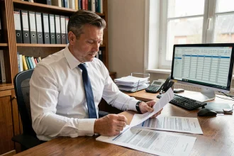 Comptable masculin analysant des tableaux fiscaux TVS 2026 sur des documents imprimés dans un bureau professionnel