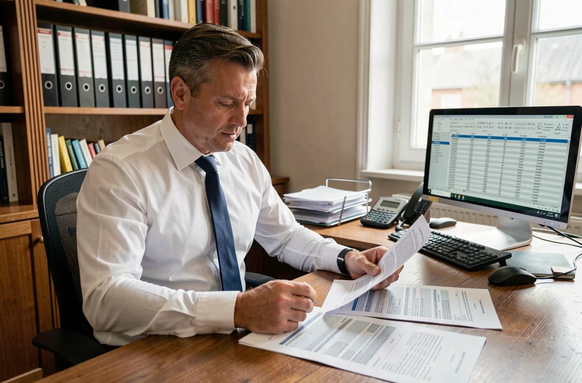 Comptable masculin analysant des tableaux fiscaux TVS 2026 sur des documents imprimés dans un bureau professionnel