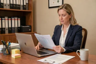 Comptable femme vérifiant des documents financiers avant la date limite du bilan comptable 2026