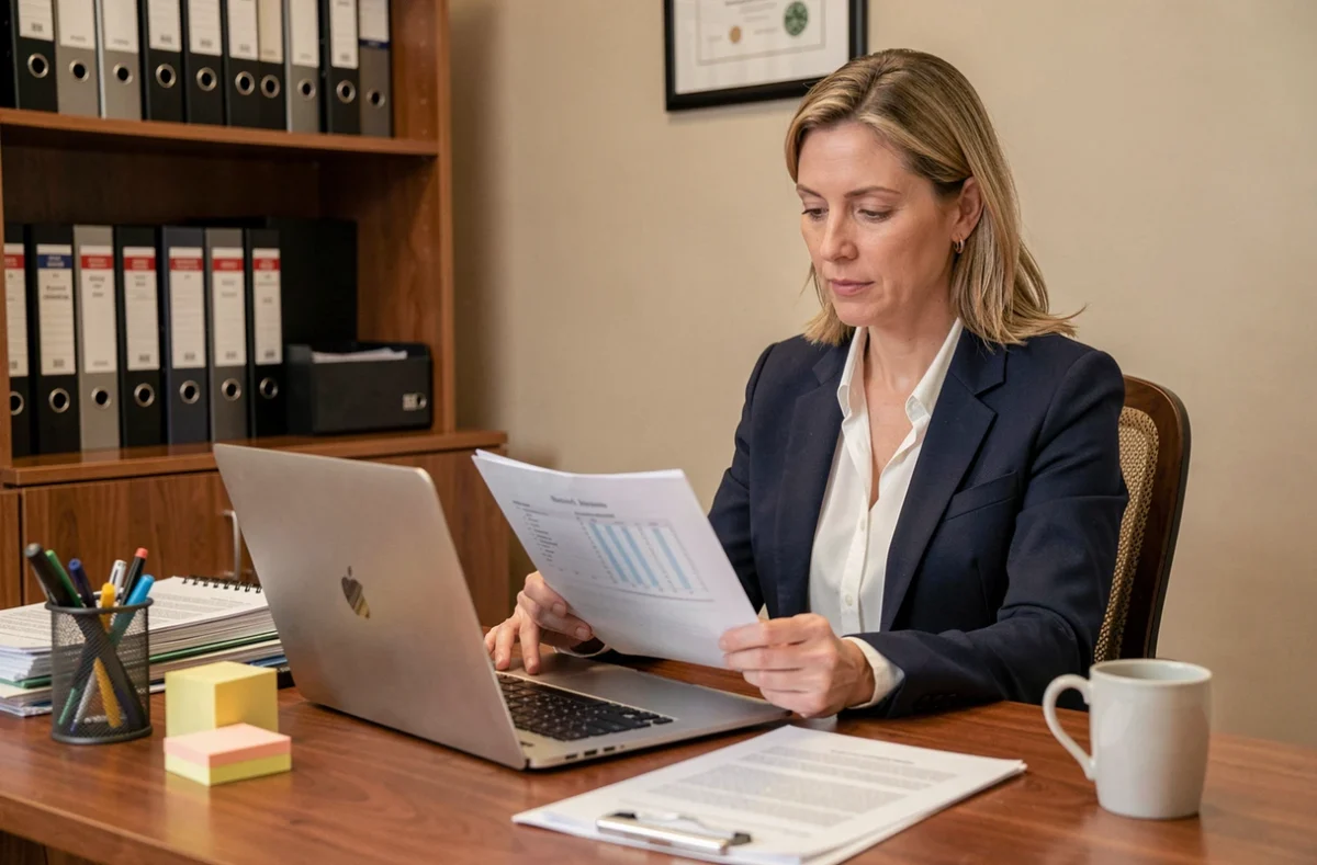 Comptable femme vérifiant des documents financiers avant la date limite du bilan comptable 2026