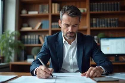 Comptable examinant des documents fiscaux relatifs à la TVA et au régime 293B du CGI dans un bureau professionnel