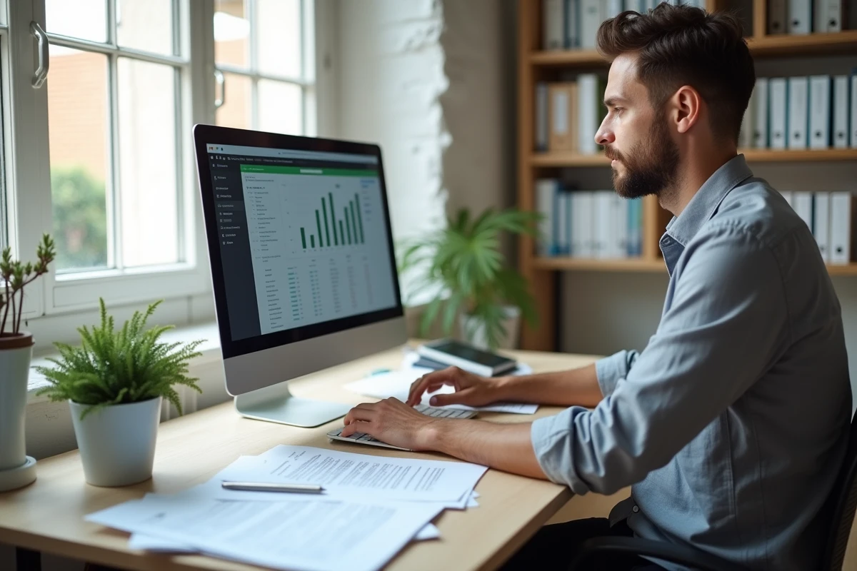 Comptable exportant des relevés bancaires depuis un logiciel de comptabilité sur un ordinateur de bureau à domicile