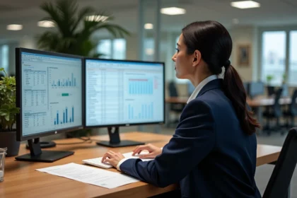 Comptable senior paramétrant un ERP de comptabilité sur double écran dans un bureau professionnel moderne