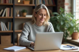 Femme consultant son compte sécurisé Crédit Agricole du Nord Est sur un ordinateur portable depuis son bureau à domicile