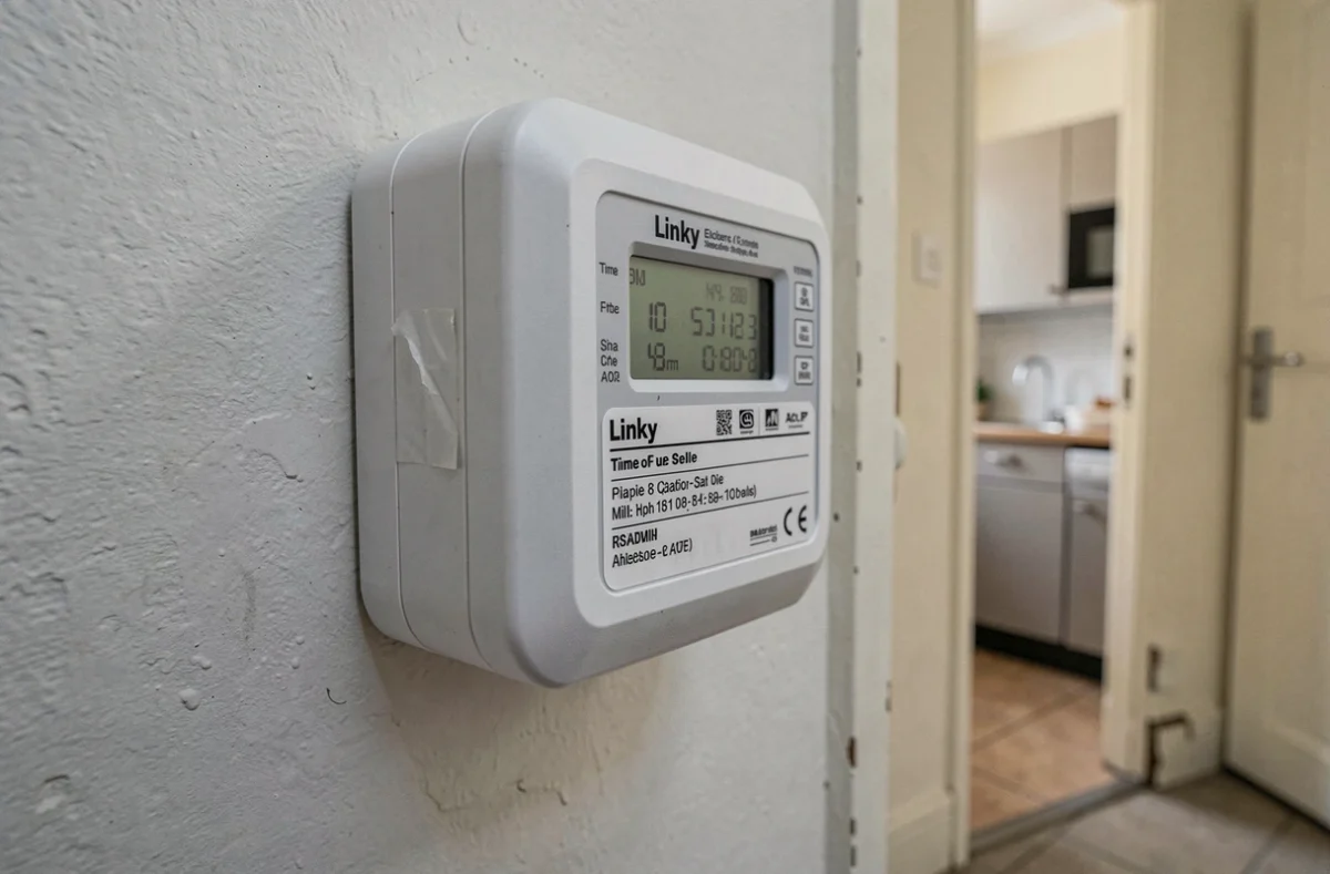 Compteur Linky affiché dans un couloir d'appartement avec les données d'horaires heures pleines et heures creuses