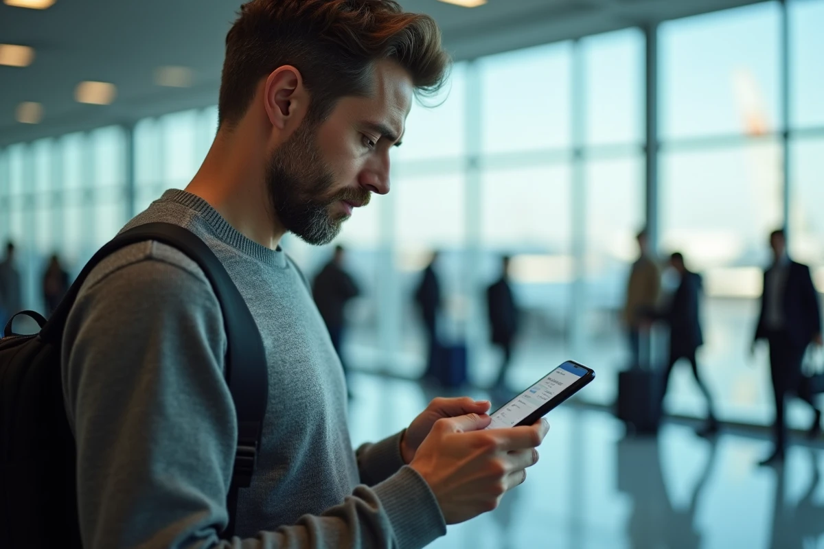 Homme consultant une confirmation de réservation sur smartphone dans un terminal d'aéroport international