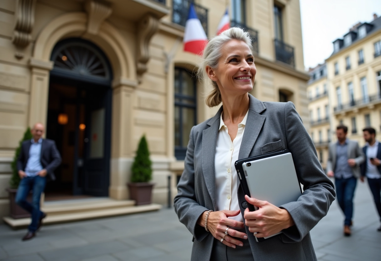 Une femme discutant devant la mairie avec des résidents