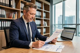 Conseiller financier analysant les documents de calcul de dividendes d'une SCPI dans un bureau professionnel