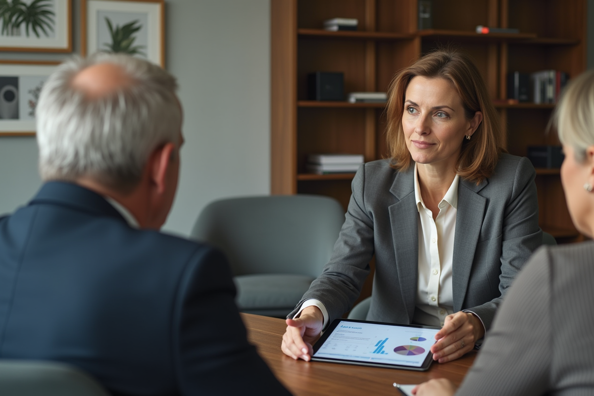 Conseillère financière expliquant des plans de pension à un couple