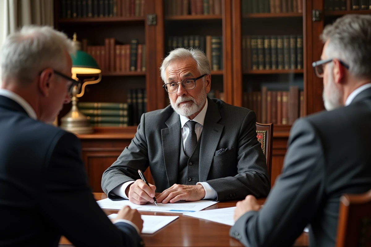 Conseiller notarial expérimenté discutant de documents patrimoniaux avec un couple dans un bureau notarial traditionnel parisien