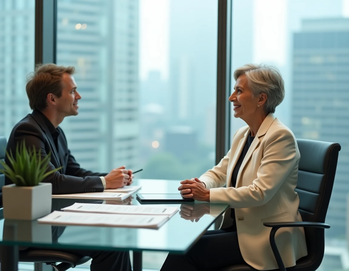 Femme et conseiller en gestion de patrimoine discutant d'une stratégie financière personnalisée dans un bureau de banque privée