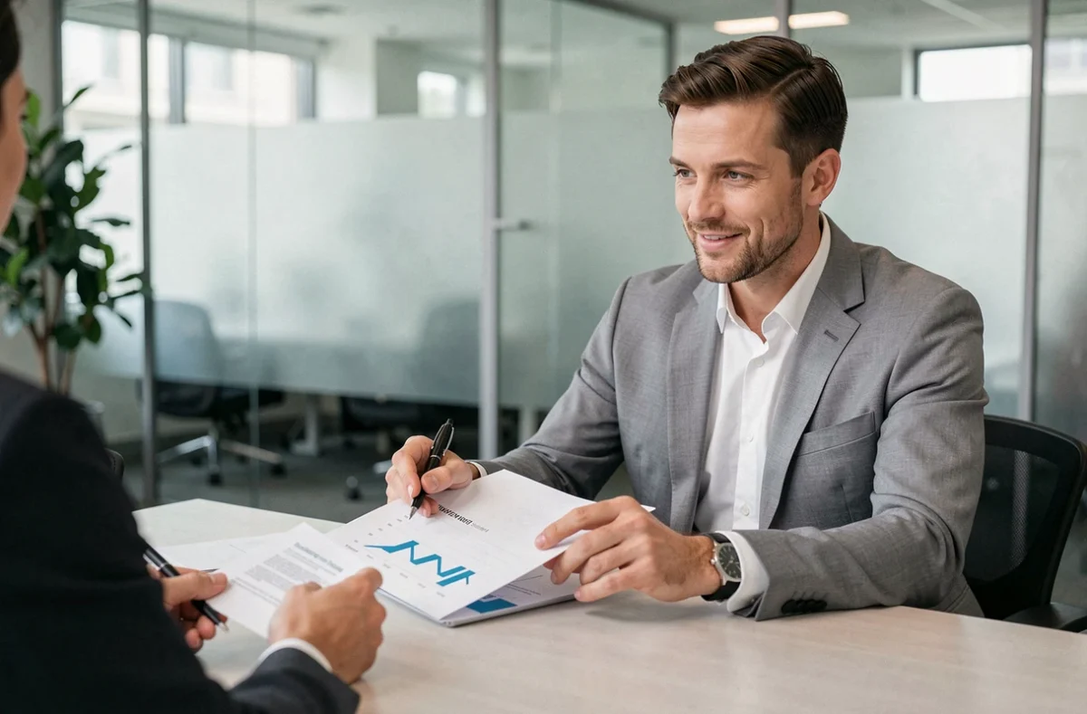 Conseiller en gestion de patrimoine présentant un prospectus SCPI à un client