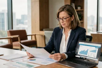 Conseillère financière analysant des documents liés aux SCPI dans un bureau moderne