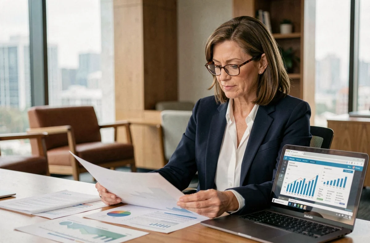 Conseillère financière analysant des documents liés aux SCPI dans un bureau moderne